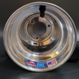 Shiny silver racing kart wheel with US flag and DWT branding, perfect for high-performance go-karts.