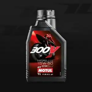 Premium racing motorcycle motor oil bottle with 300V logo and red motorcycle graphic, ideal for high-performance motorsport applications.