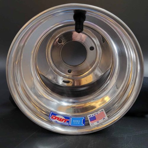 Shiny silver racing kart wheel with US flag and DWT branding, perfect for high-performance go-karts.