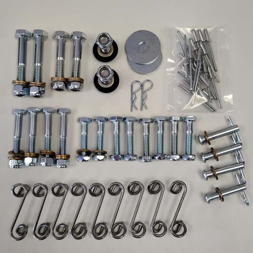 Bolt kit for frame and cage assembly in go-karts. Includes bolts, nuts, washers, and pins for secure.