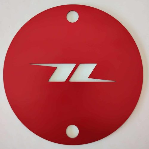 Red wheel mud cover with QRC Karts logo for kart protection.