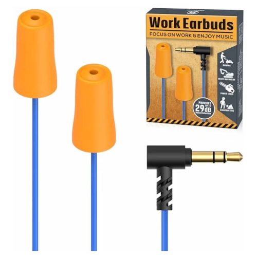 Orange work earbuds with blue cable and 3.5mm jack for noise reduction.