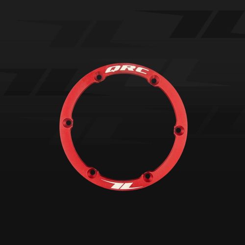 Red QRC Karts wheel spacer with white logo for go-kart racing performance.