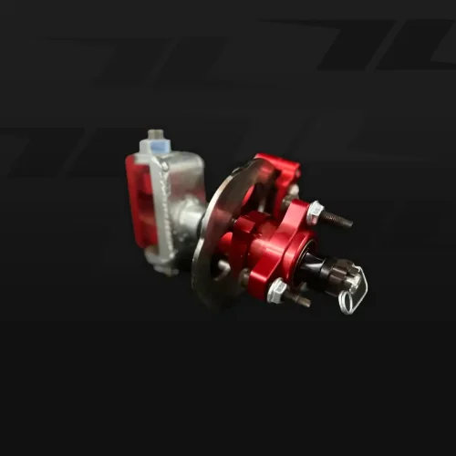 High-performance QRC Karts steering spindle with red and silver components for go-kart racing.