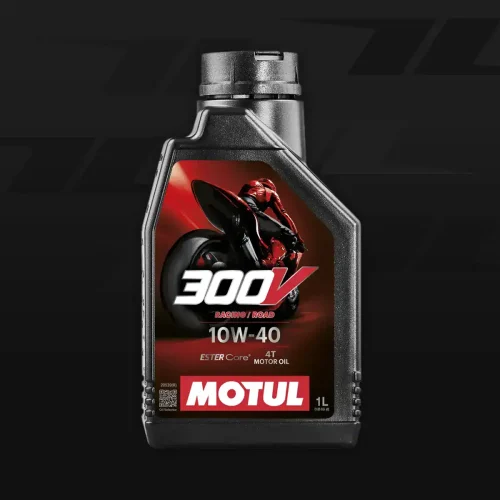High-performance Motul 300V racing motor oil for motorcycle racing and road use.