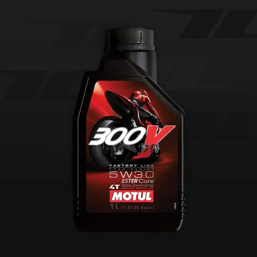 High-performance Motul 300V motorcycle racing oil bottle for QRC Karts.