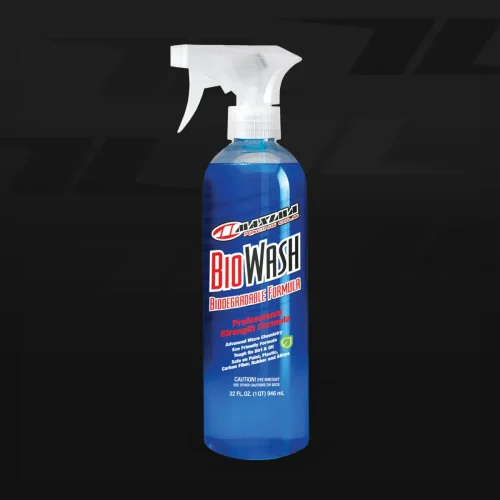 Blue QRC Bio Wash cleaning spray for go-karts and racing equipment, biodegradable formula, powerful cleaning agent.