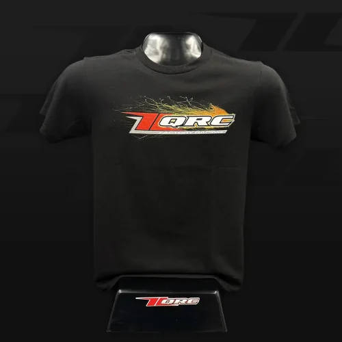 Stylish black T-shirt with TQRC Racing Factory logo design for motorsport enthusiasts. Perfect for racing events or casual wear.