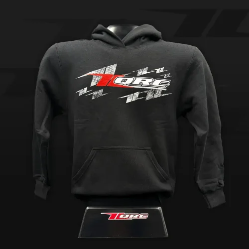 Comfortable black hoodie with QRC Karts racing logo, perfect for karting enthusiasts and race events.