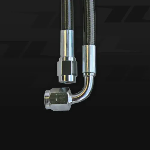 Steel braided brake line for go-karts, durable and high-performance.